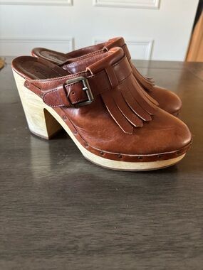 Women's Brown Leather Fringe Clog Mules with Buckle